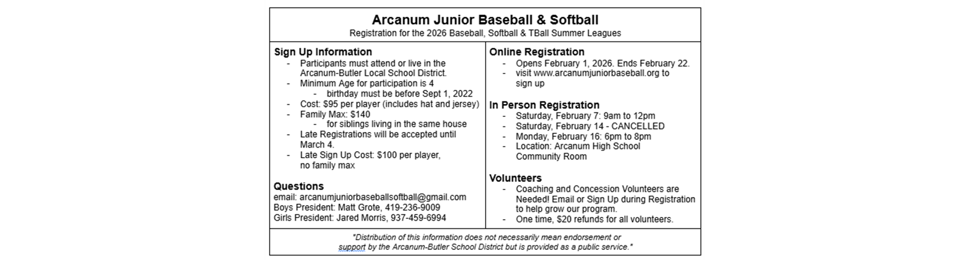 2026 Baseball, Softball & TBall Summer Leagues